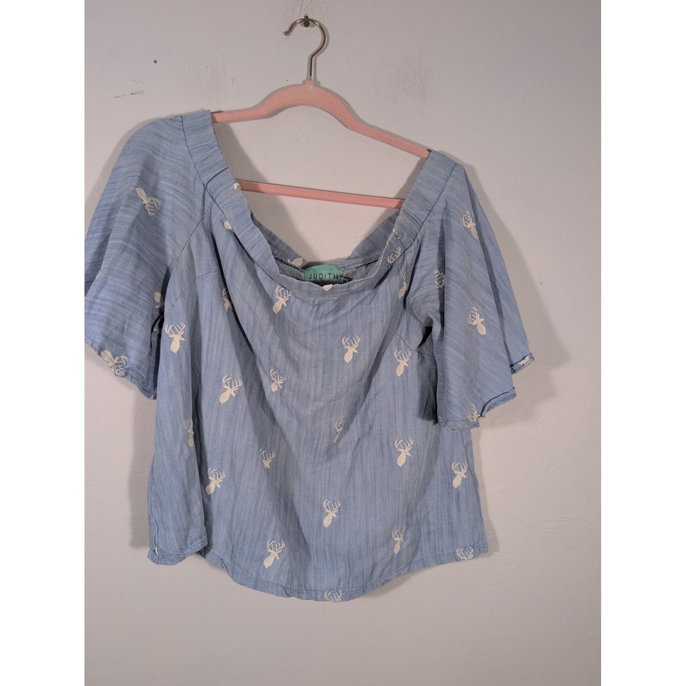 Judith March Blue Off The Shoulder Deer Top Medium